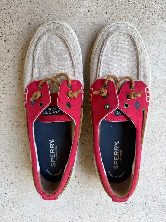 Sperry Shoes - Sperry Crest Boat Canvas Shoes Womens 7.5 Red Beige Memory Foam